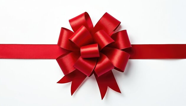 Red ribbon bow on smooth satin, isolated on white. Perfect for gift wrapping or decoration, finery, attractive detail, arrangement, present, charming display, festive mood.