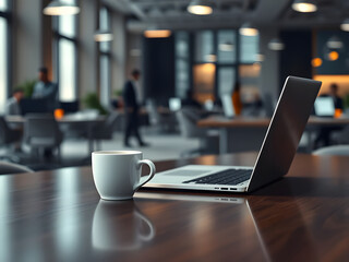 Laptop, computer, tablet, mobile phone, pen and notebook on office table for business concept, in clean office, Generative AI Illustration.