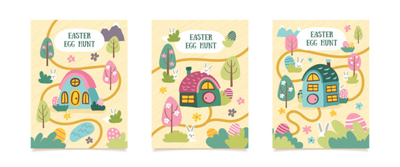Set of Easter egg hunt greeting cards. Easter backgrounds with house, road, trees, hidden bunnies and eggs. Easter concept cards. Vector hand drawn illustrations.