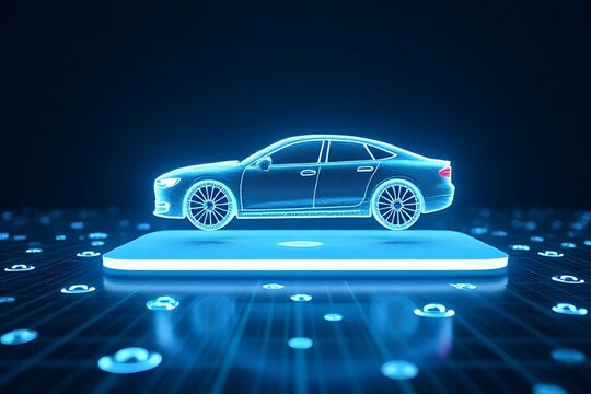 A digital car model hovers above a glowing blue platform.