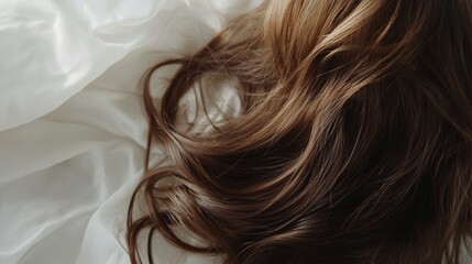 Fototapeta premium Beautiful model girl with Brown hair strand,silky healthy chestnut wavy hair strand isolated on white background,hair wavy ribbon, with smooth texture,vibrant shine,brunette hairpiece, hairy ribbon.