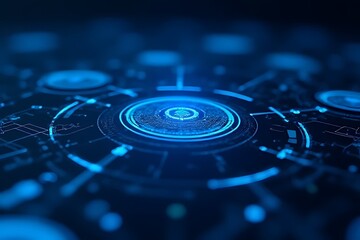 A futuristic digital interface with glowing blue circuits and circles dominates.