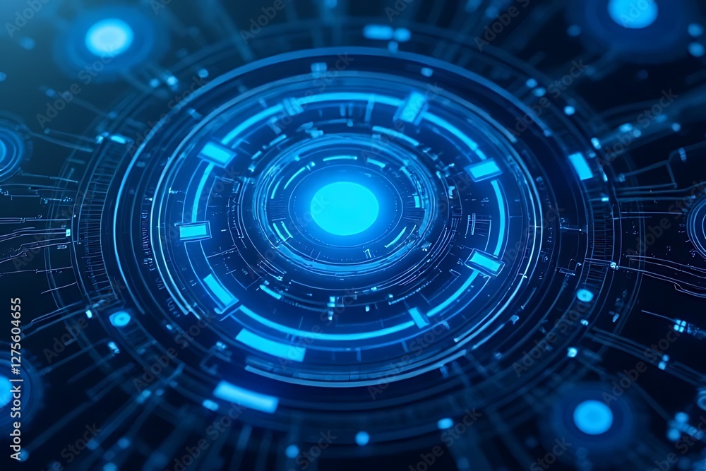 Poster a glowing blue, futuristic, technological display showcases intricate circular patterns and designs.