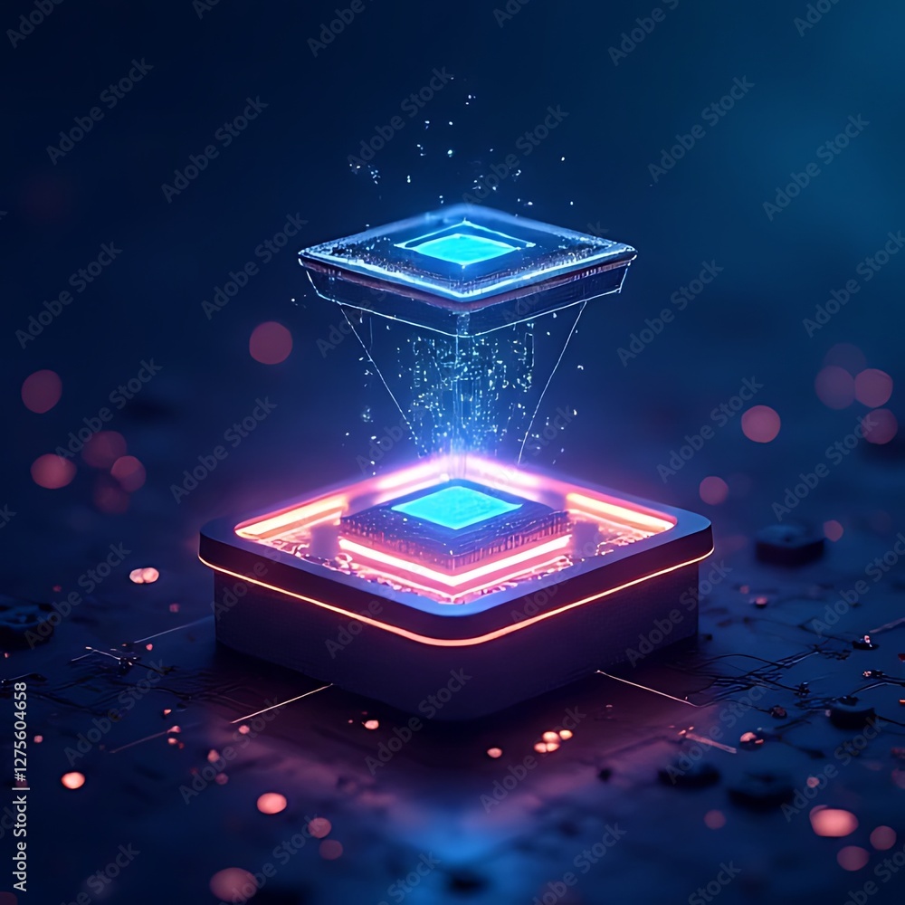 Poster a glowing blue cpu core floats above a similar, illuminated base.