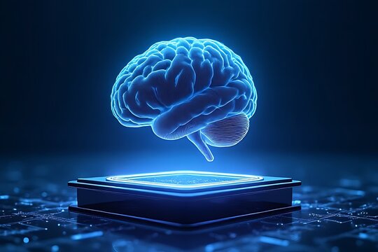 A glowing blue brain hovers over a futuristic platform in darkness. - Powered by Adobe
