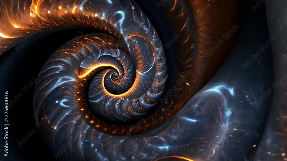 Poster mesmerizing spiral pattern with glowing blue and orange elements in a cosmic design