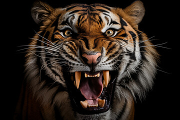 Fototapeta premium portrait of tiger,Frightening,threatening,intimidating,close-up,looking at the camera,fierce. 