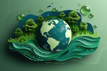 Earth Ecology System Concept. Perfect for world environment day, world water day , world meteorological day, environmental protection and save water resource. Generate AI, 2D paper art.