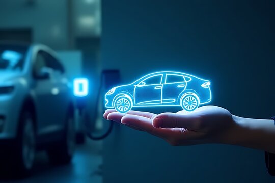 A hand displays a glowing digital model of an electric car.