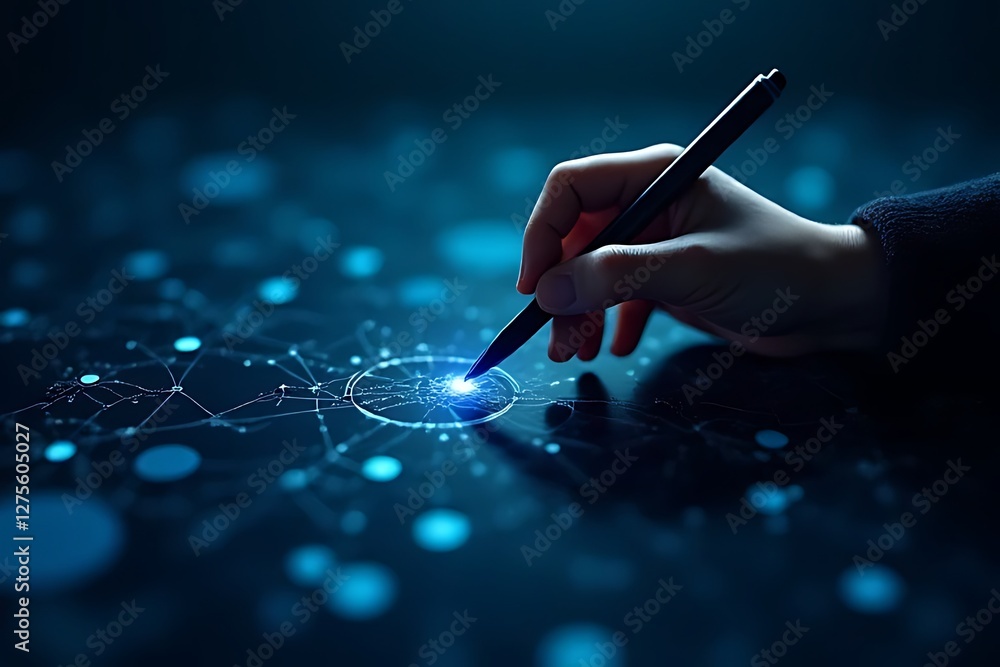 Poster a hand interacts with a glowing digital network using a pen.