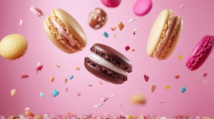 Fototapeta premium Colorful macarons floating above a vibrant pink background with scattered sprinkles and candies
