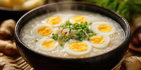 Bowl of creamy rice porridge topped with sliced boiled eggs and green scallions on a bamboo mat with ginger and blurred background elements.