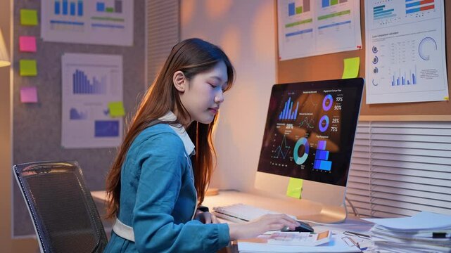 Professional businesswoman working late, analyzing financial data on computer screen, surrounded by documents in modern office with corkboard backdrop