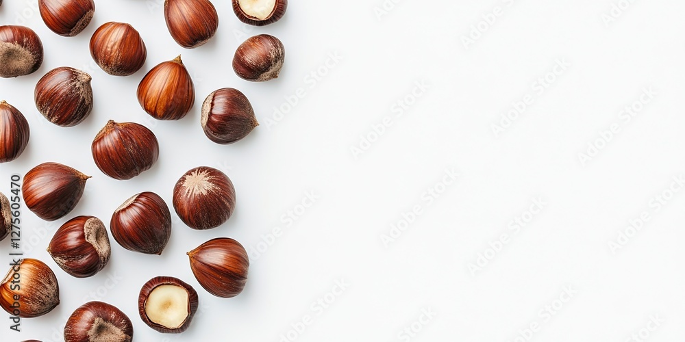Poster chestnuts arranged in a flat lay on a white background with ample copy space featuring rich brown to