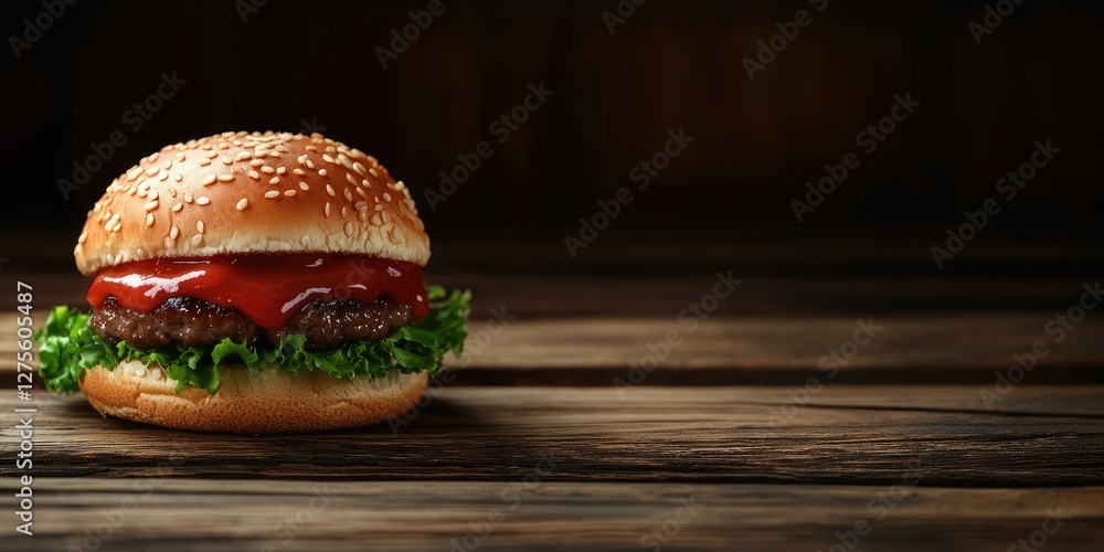 Poster savory sesame seed burger with fresh lettuce and ketchup placed on a rustic wooden table with dark b
