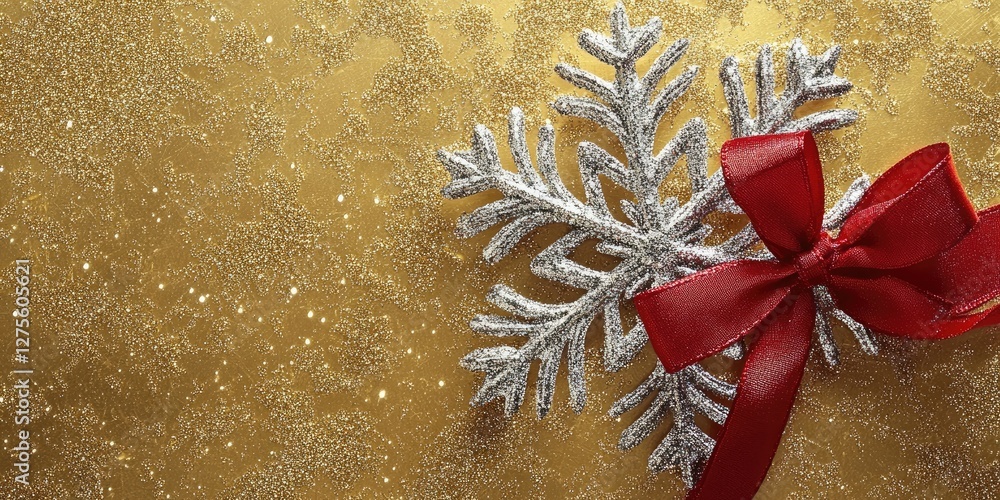 Poster silver snowflake with red bow positioned on golden shimmering background with sparkling accents perf