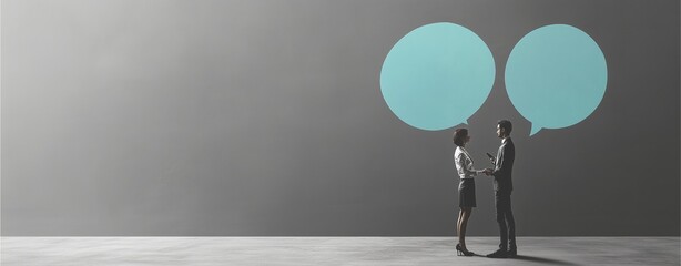Obraz premium Dialogue Silhouettes: Conceptual image showing two business professionals, represented as silhouettes, shaking hands in front of two empty speech bubbles, signifying communication and agreement