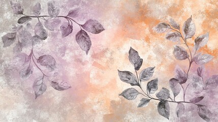 Pastel Purple And Beige Watercolor Background With Delicate Plants Drawn, Gentle Floral Illustration