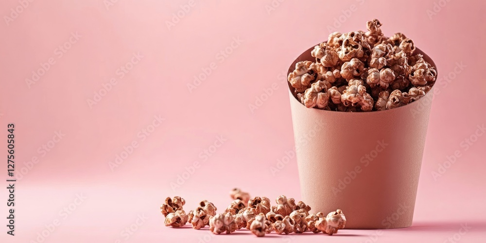 Poster chocolate popcorn spilling from a beige paper container on a soft pink backdrop with ample empty spa