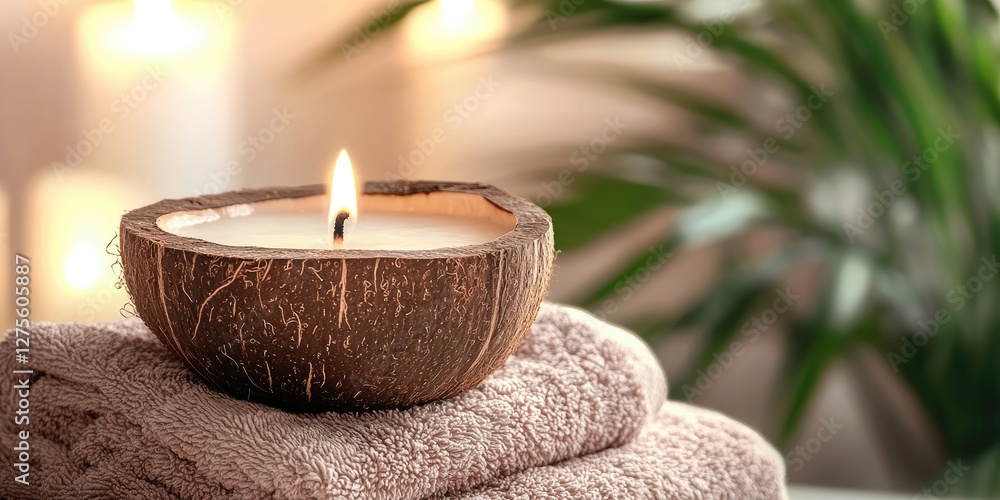Poster candle in coconut shell on soft beige towels with green foliage in the background creating a calm sp
