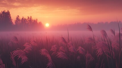 Fototapeta premium Serene Sunset Over Misty Grassland With Silhouetted Trees