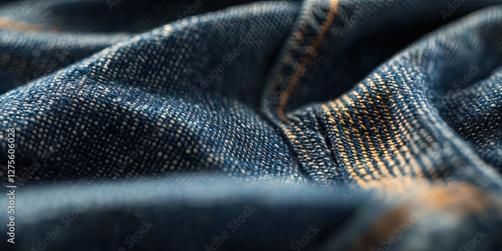 Poster close-up image of blue denim fabric with intricate texture and patterns featuring dark blue and ligh
