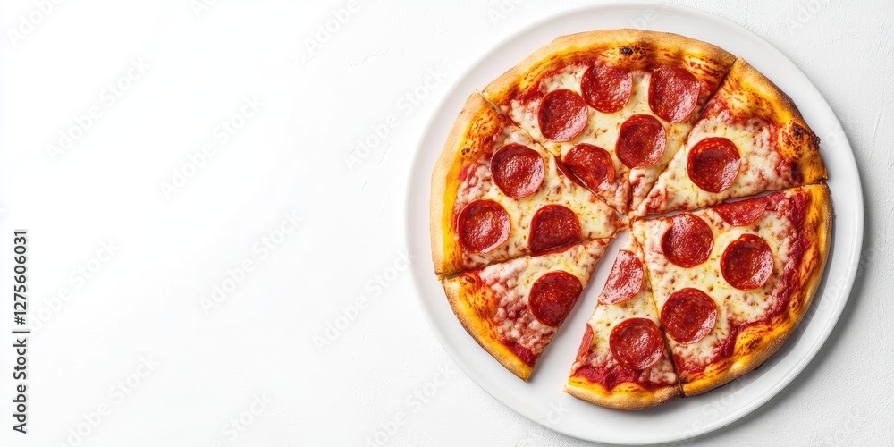 Poster freshly baked pepperoni pizza slices arranged on a round white plate with large empty space for text