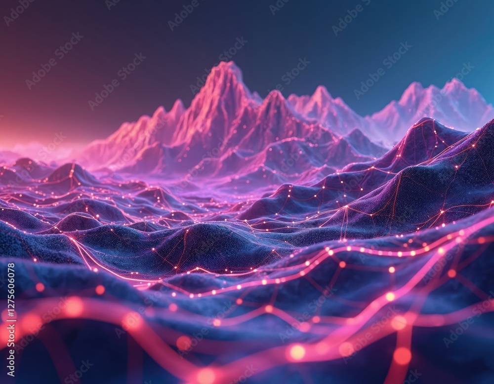 Leinwandbilder Abstract wireframe mountain landscape with future tech elements. Digital grid, mesh, geometric patterns, wavy lines connecting datum points and neon lights.
