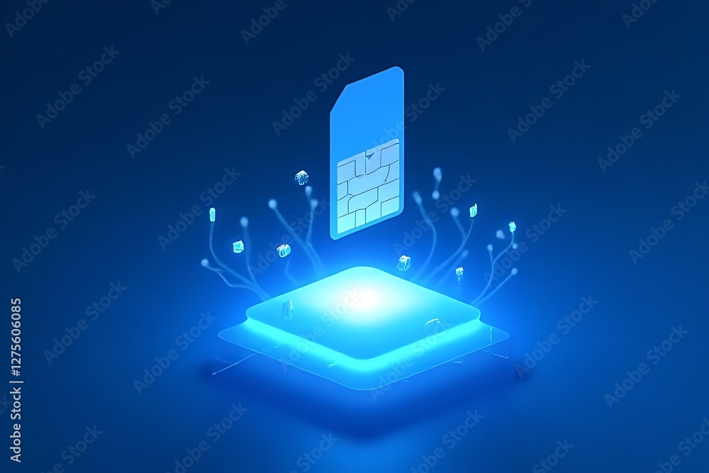 Poster a sim card hovering above a glowing blue platform with stylized circuit connections emanating from i