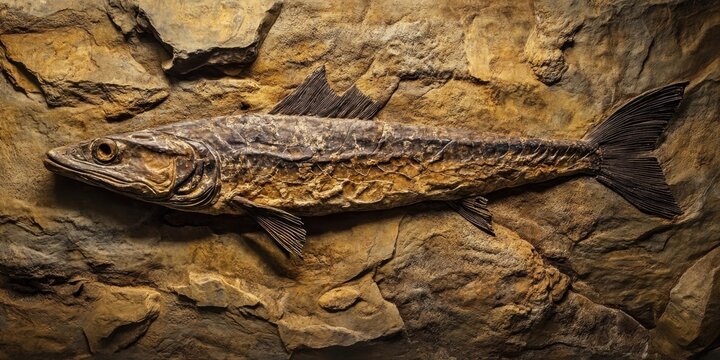 Detailed close-up of a fossilized gar displayed against a textured brown rock background emphasizing the intricate patterns and features of the ancient fish.