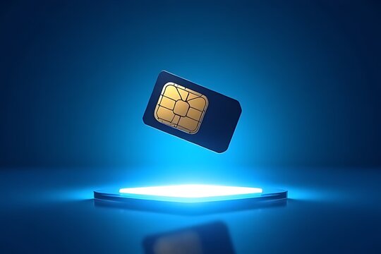 A SIM card floats above a glowing blue platform.