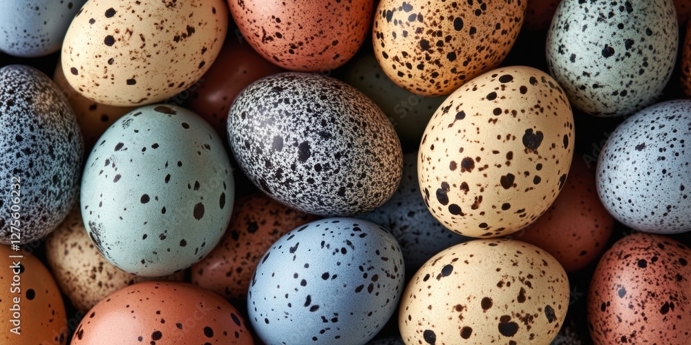 Poster close-up view of assorted speckled quail eggs in various hues of blue, brown, and beige creating a t
