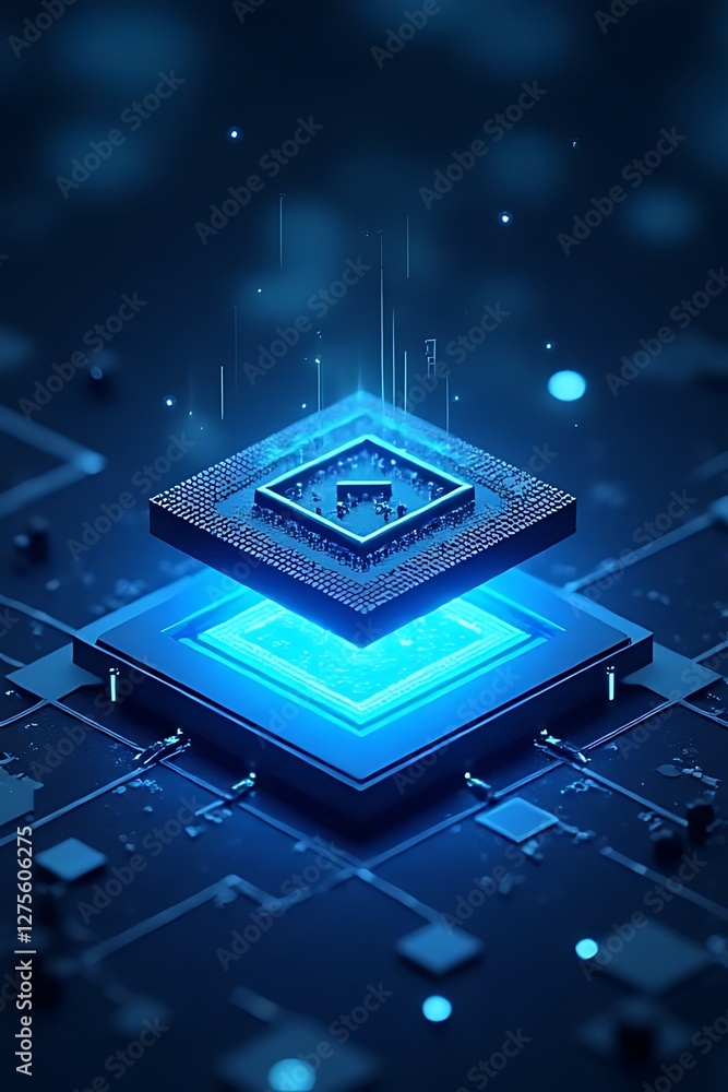 Poster a stylized digital rendering of a computer processor, glowing blue, floats above a circuit board.