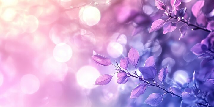 Soft pastel background with purple and pink bokeh effect, featuring delicate leaves on the right side, creating a dreamy and tranquil atmosphere.