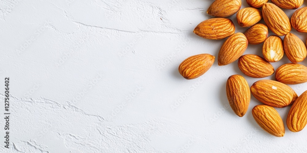Poster close up of fresh almonds scattered on a textured white background with ample negative space on the 