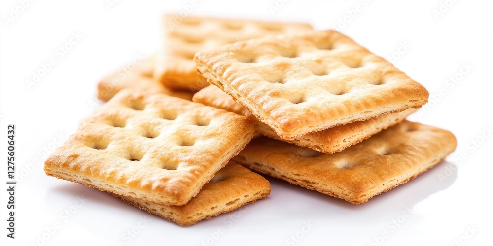 Poster golden brown square cracker biscuits piled at an angle over a pristine white background emphasizing 