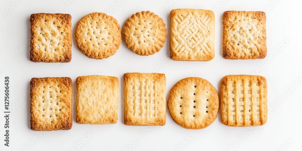 Poster assorted golden-brown baked biscuits on a white background arranged in two rows showcasing various s