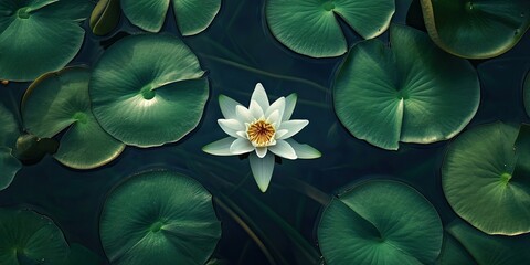 White water lily blossoming in the center surrounded by large green lily pads on a dark water surface creating a serene natural composition