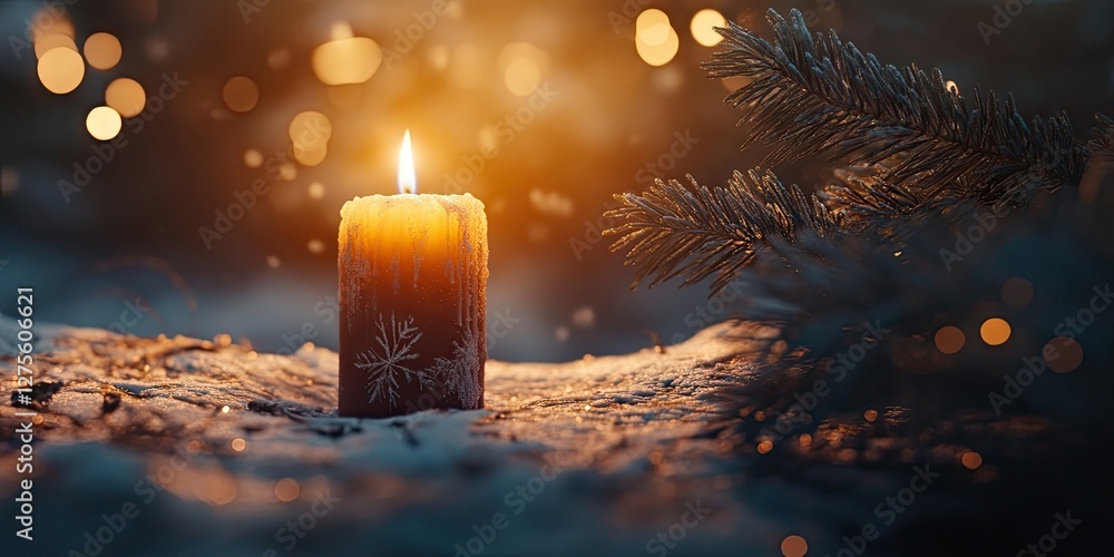 Aufkleber warm candlelight flickering among soft snow and pine branches with a blurred background of glowing b