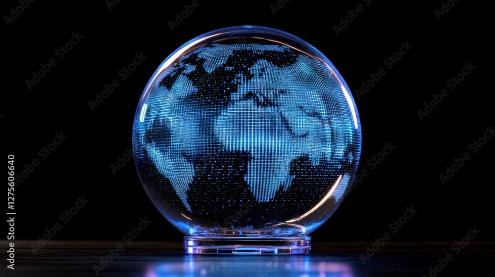 Wall mural illuminated transparent globe with digital world map and dark background