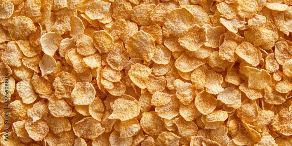 Poster detailed closeup of golden cornflakes scattered on a textured surface showcasing a warm color palett