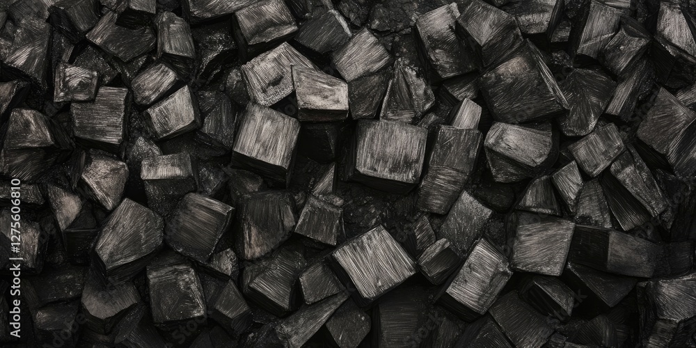 Poster textured closeup of numerous dark charcoal pieces arranged in a dense pattern with varied shapes and