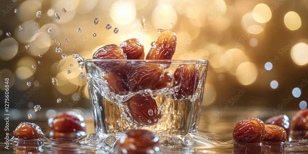Poster refreshing date fruits splashing into clear water in a glass on a shiny golden background with dropl