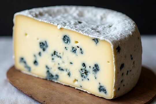A wheel of creamy blue cheese sits on a wooden board.