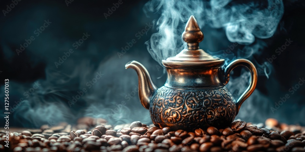 Poster steaming cezve coffee pot on roasted beans with dark backdrop showcasing intricate design and swirli