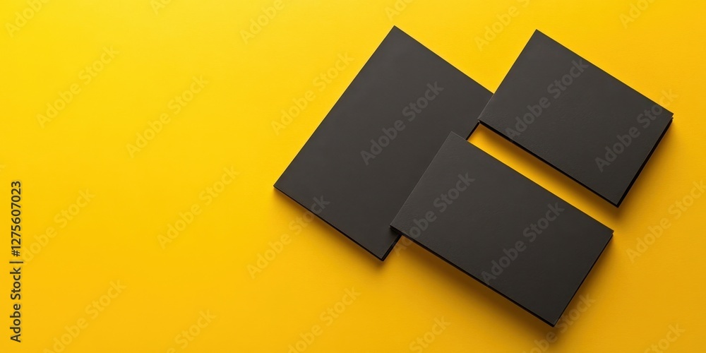 Poster dark black business cards with copy space secured by tape on bright yellow background arranged in ov