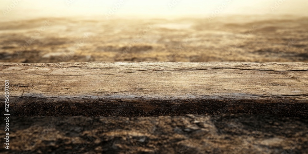 Poster serene landscape with a rustic wooden surface in the foreground and a hazy golden atmosphere in the 