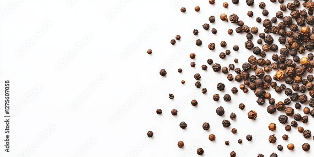 Aufkleber scattered black and brown peppercorns on a white background positioned towards the right side with n