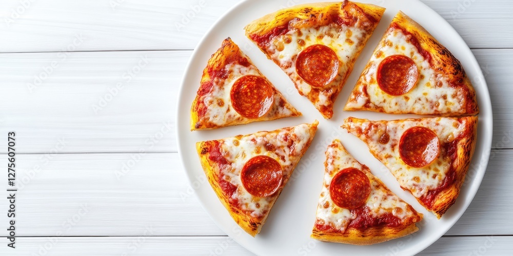 Poster fresh pepperoni and cheese pizza slices on a pristine white plate arranged in a circular pattern wit