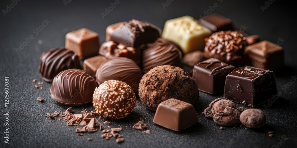 Poster assorted chocolates arranged artistically on a dark textured surface highlighting rich browns and cr